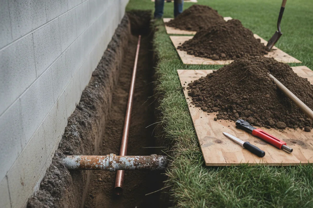 Excavated water line trench during Water Heater Repair in Tupelo